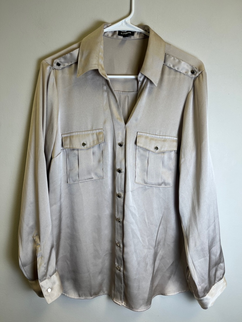 Express Beige Button-Down Utility Shirt